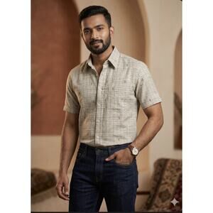 Desi Khadi Bhandar Men Hand-Spun Khadi Cotton Shirt | Earthy Plaid | Size XL